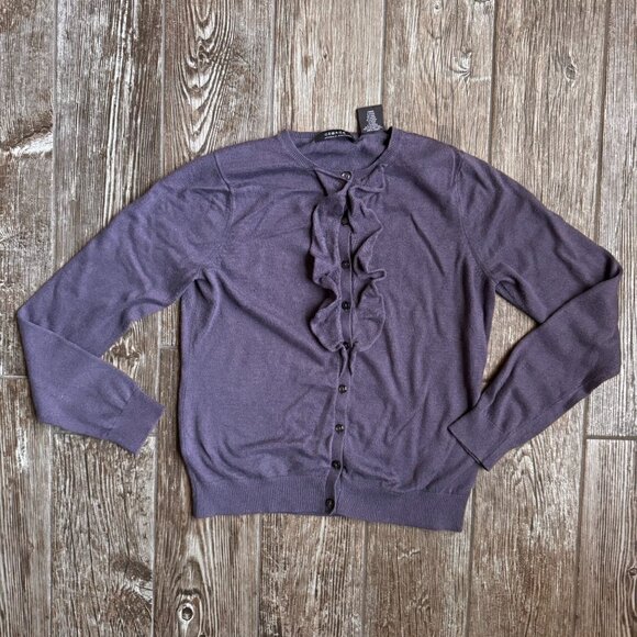 2/$18 SALE!  George‎ Silk Cardigan Sweater Womens L Purple Ruffle Fairy Ribbed - Picture 6 of 7